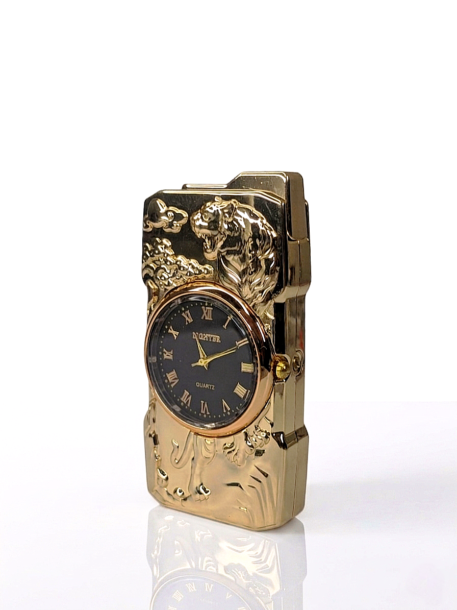 Golden Roaring Tiger | Premium Dual-Function Clock Pocket Lighter (gold)