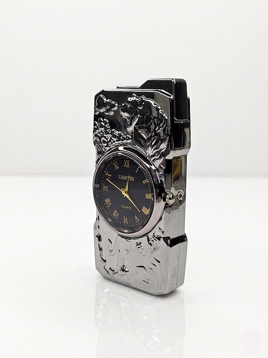 Golden Roaring Tiger | Premium Dual-Function Clock Pocket Lighter (Silver)