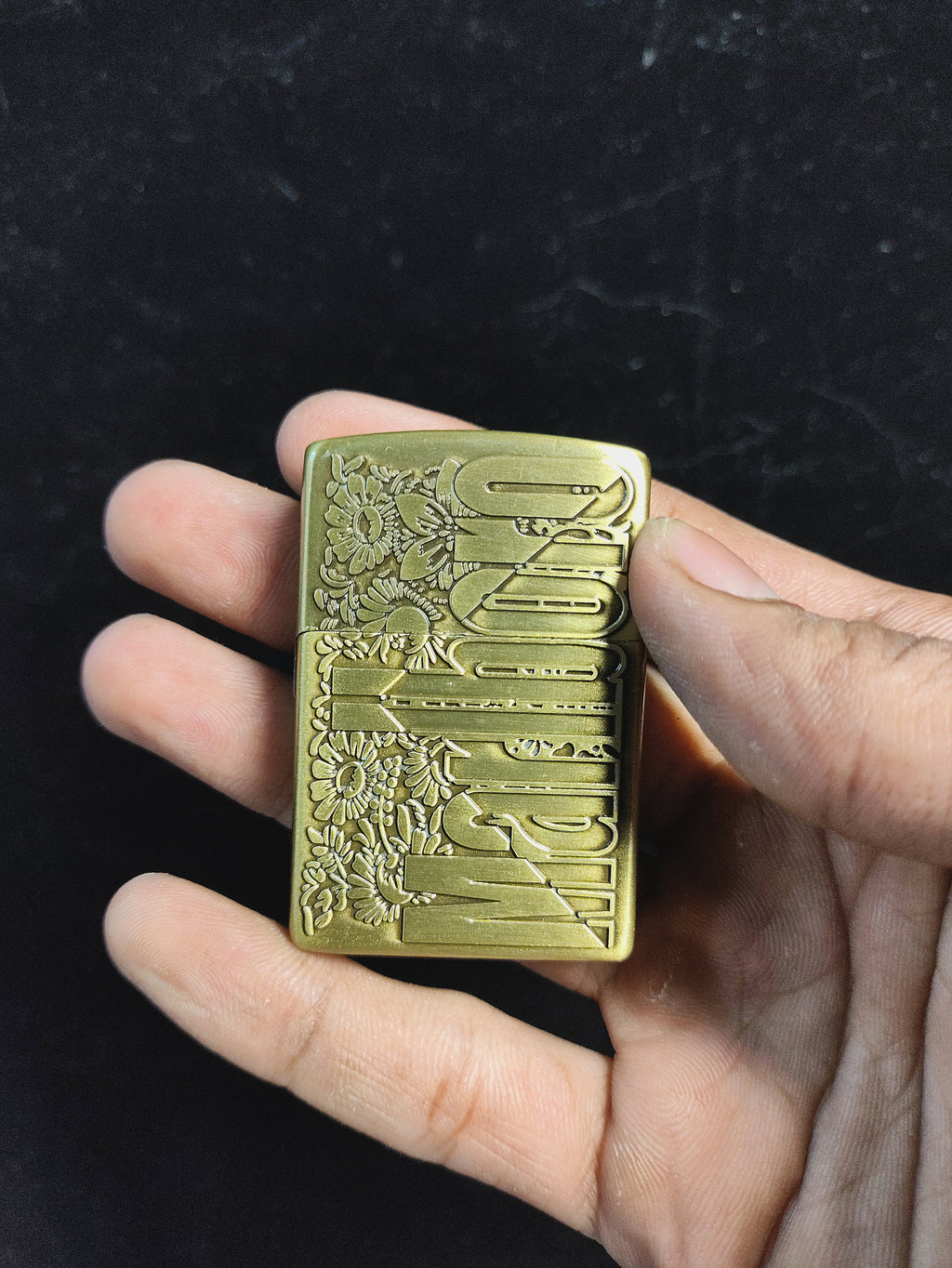 Vintage Marlboro Engraved Brass Lighter with Floral Design (gold)
