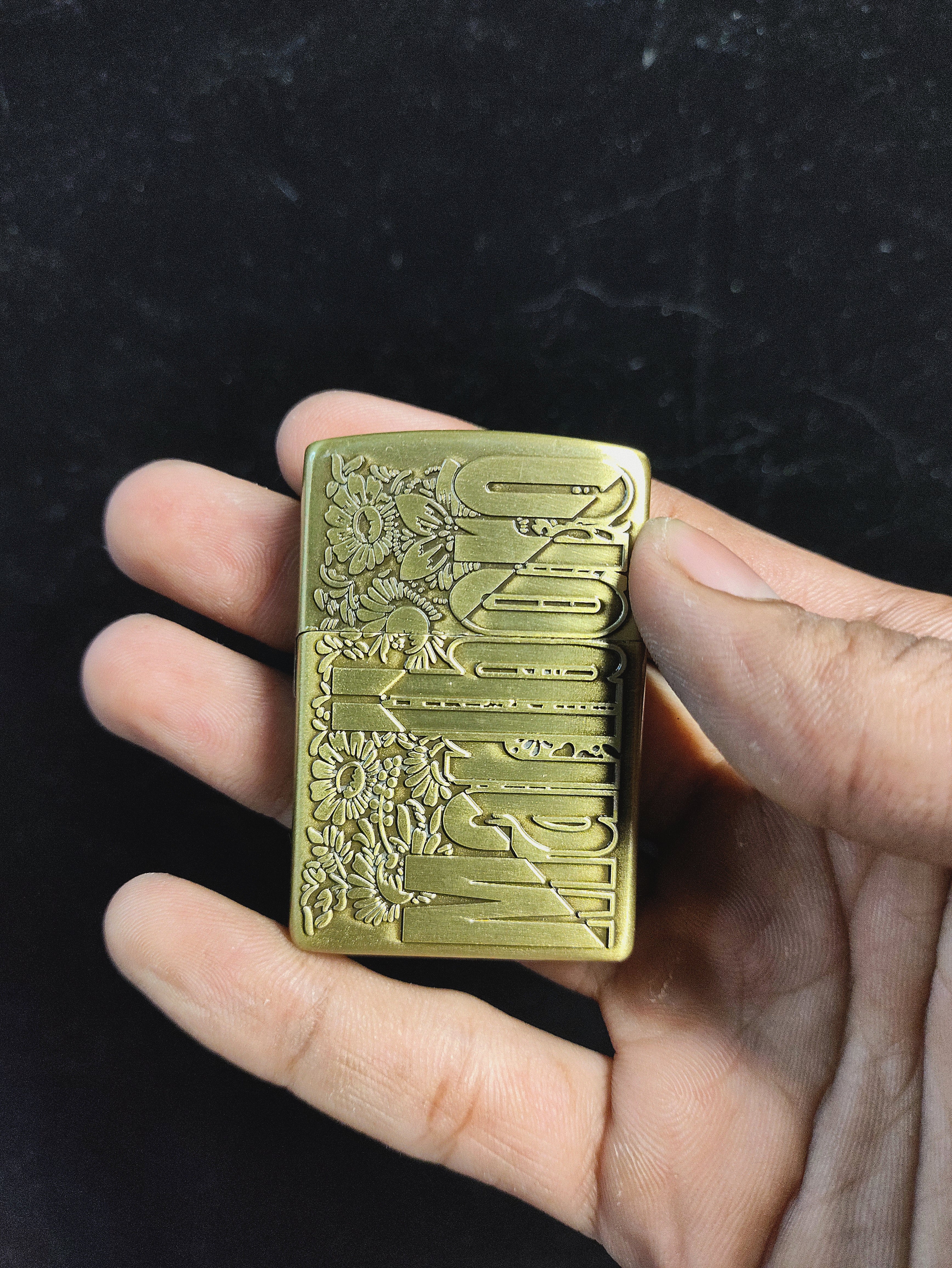 Vintage Marlboro Engraved Brass Lighter with Floral Design (gold)