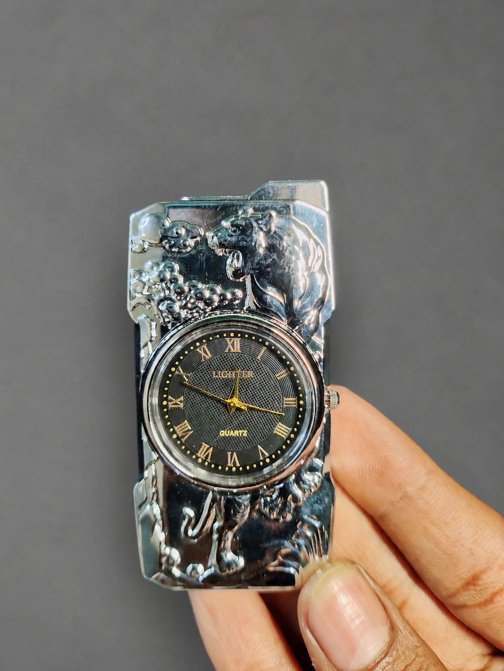 Golden Roaring Tiger | Premium Dual-Function Clock Pocket Lighter (Silver)
