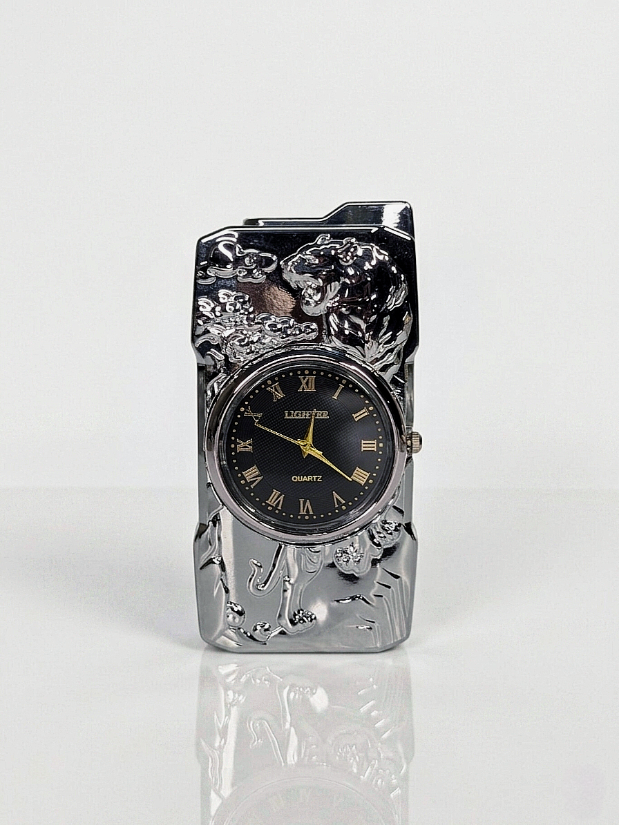 Golden Roaring Tiger | Premium Dual-Function Clock Pocket Lighter (Silver)