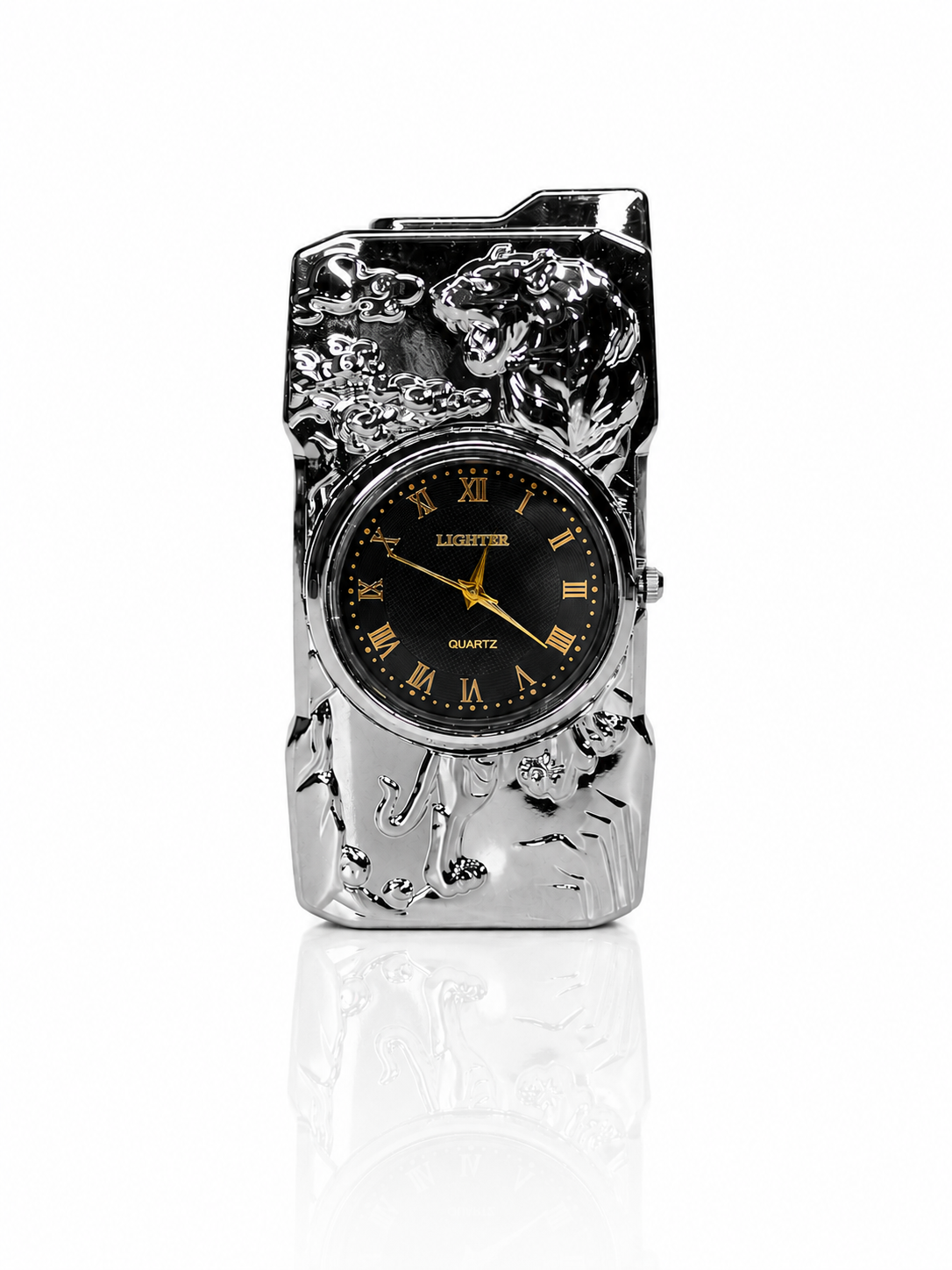 Golden Roaring Tiger | Premium Dual-Function Clock Pocket Lighter (Silver)