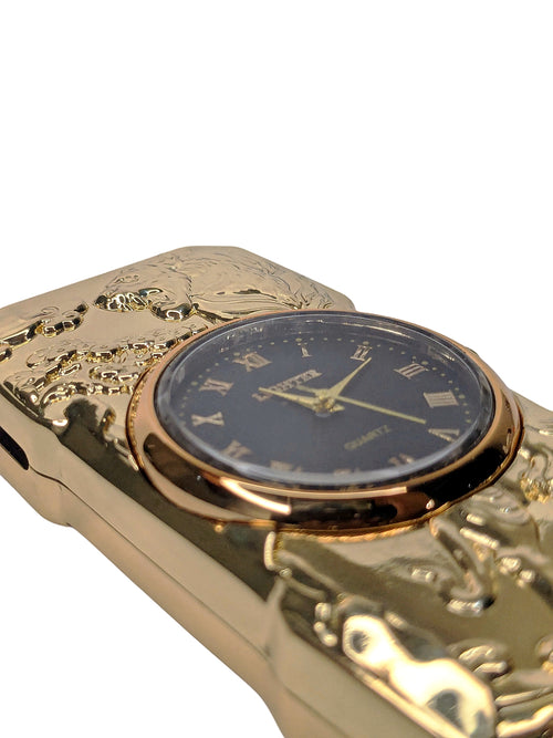 Golden Roaring Tiger | Premium Dual-Function Clock Pocket Lighter (gold)
