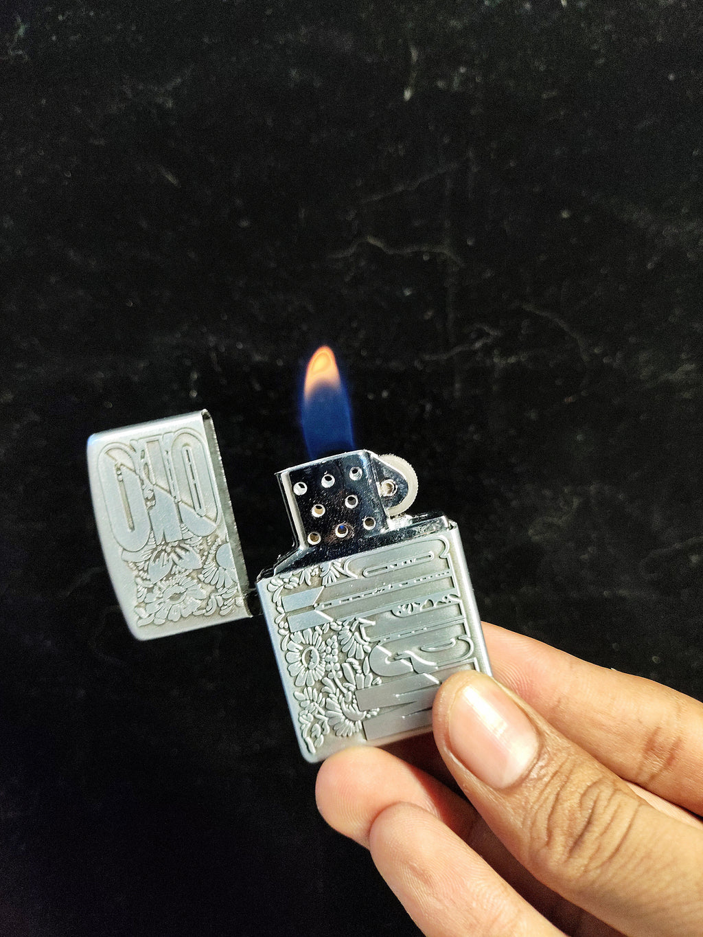 Vintage Marlboro Engraved Brass Lighter with Floral Design (Silver)