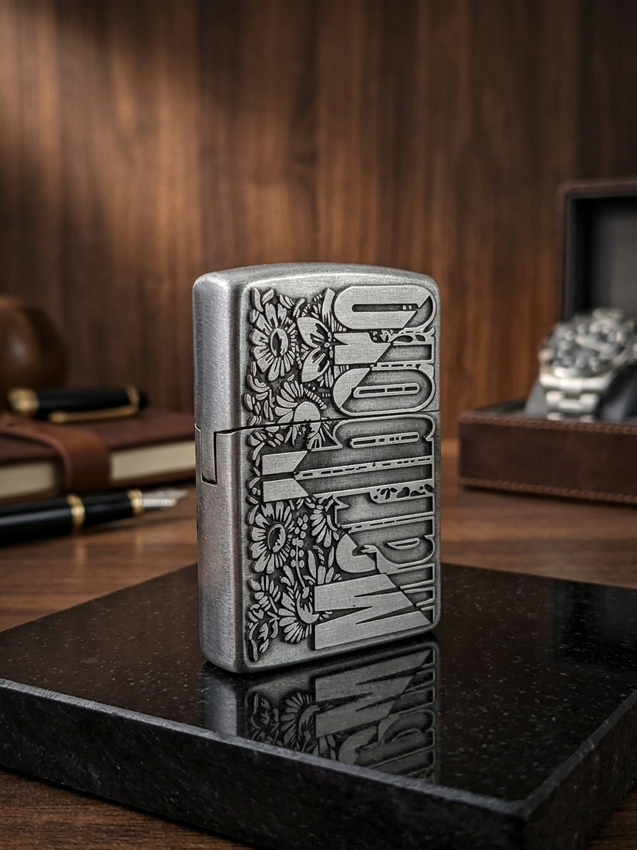 Vintage Marlboro Engraved Brass Lighter with Floral Design (Silver)