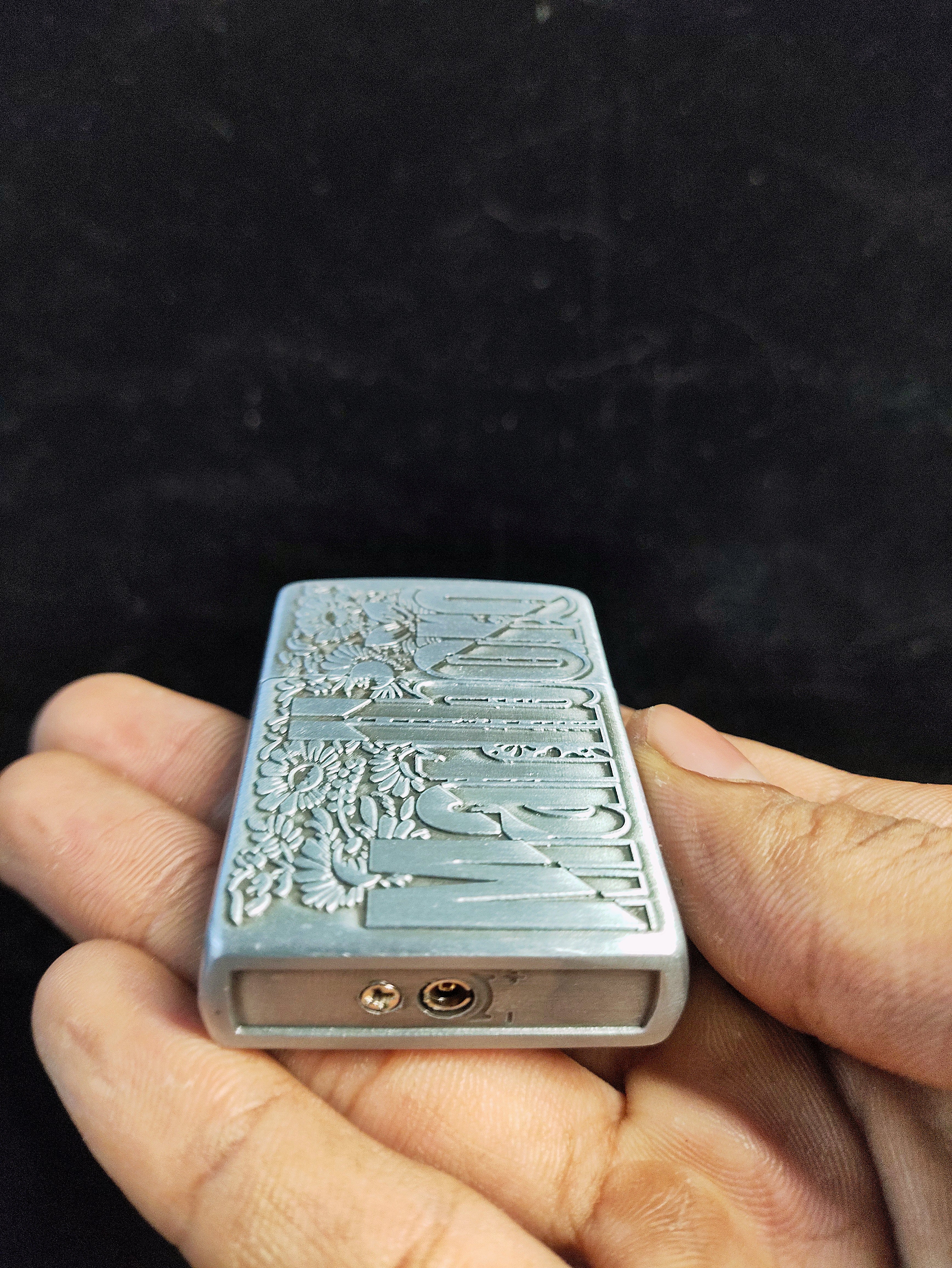 Vintage Marlboro Engraved Brass Lighter with Floral Design (Silver)