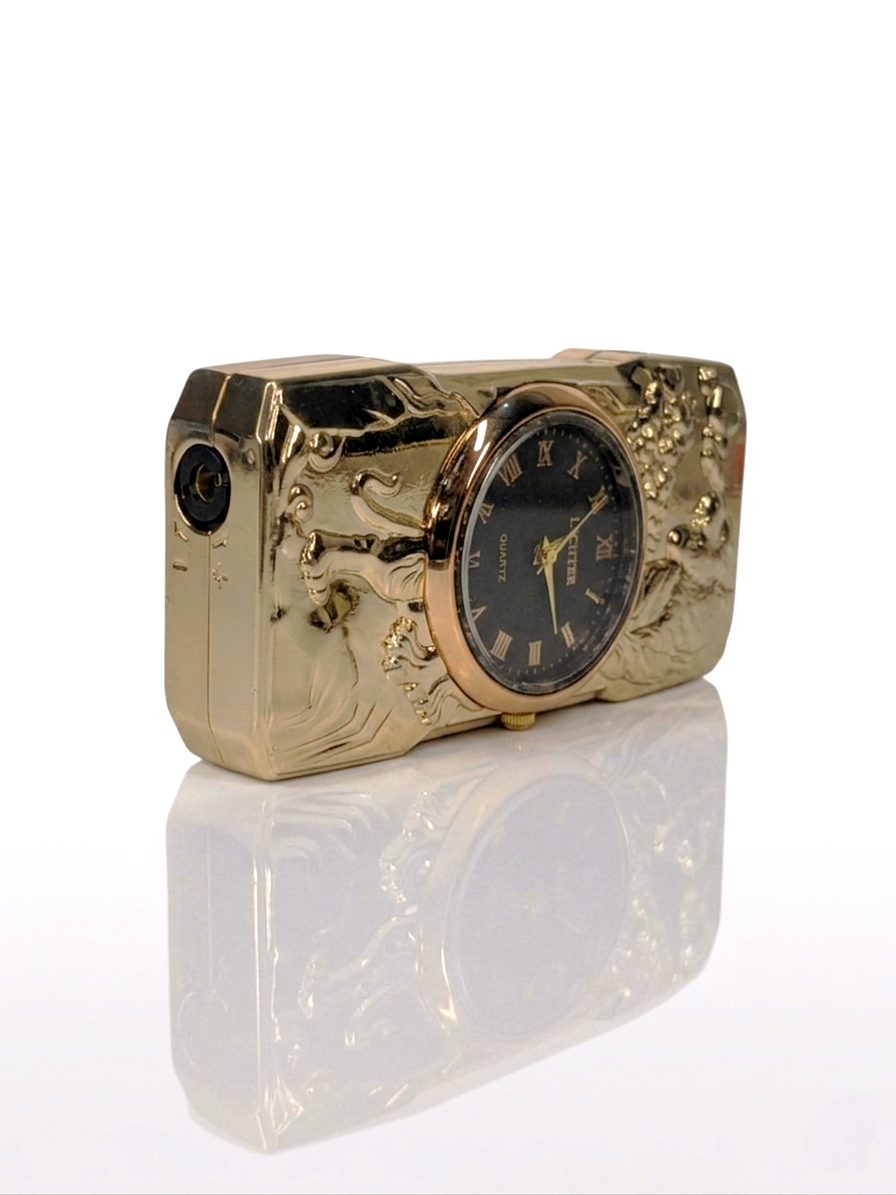 Golden Roaring Tiger | Premium Dual-Function Clock Pocket Lighter (gold)