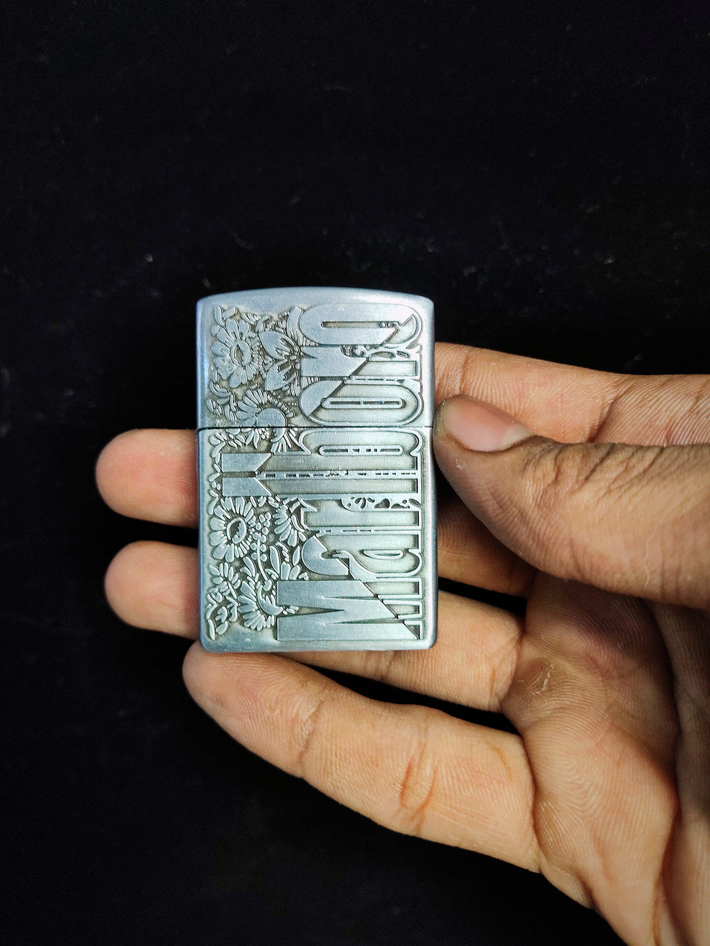 Vintage Marlboro Engraved Brass Lighter with Floral Design (Silver)