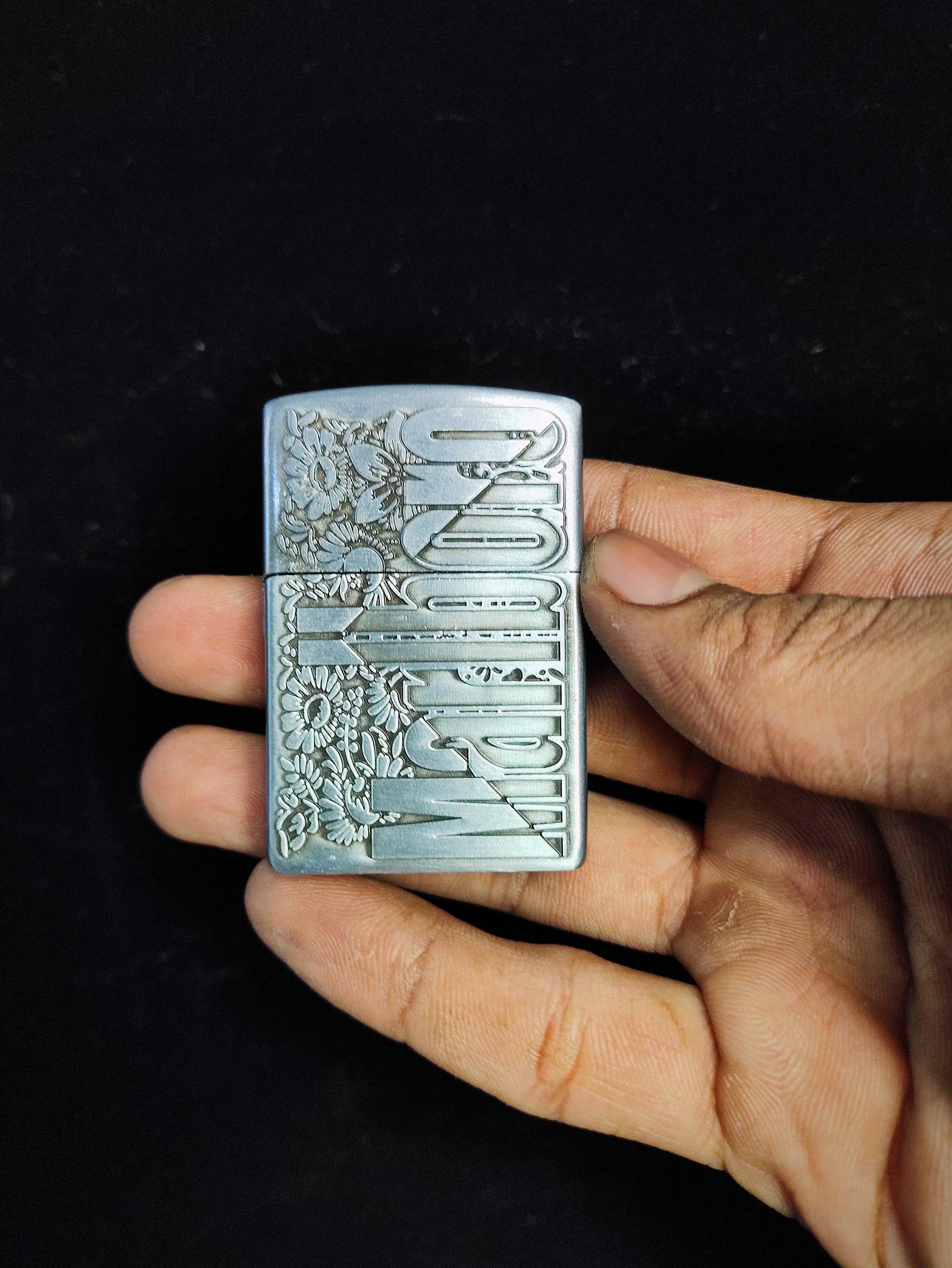 Vintage Marlboro Engraved Brass Lighter with Floral Design (Silver)