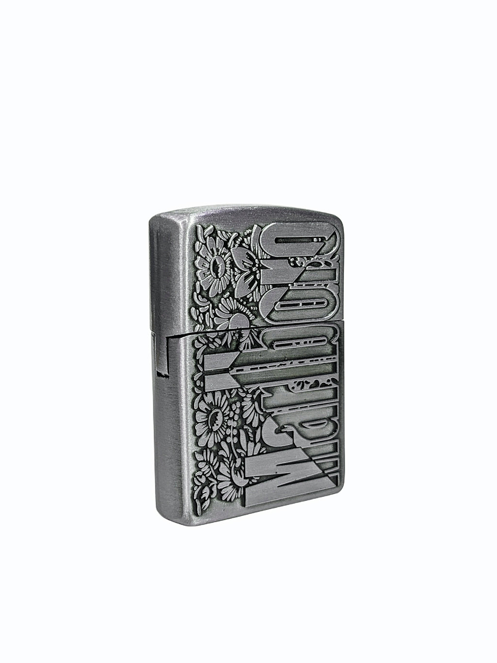 Vintage Marlboro Engraved Brass Lighter with Floral Design (Silver)