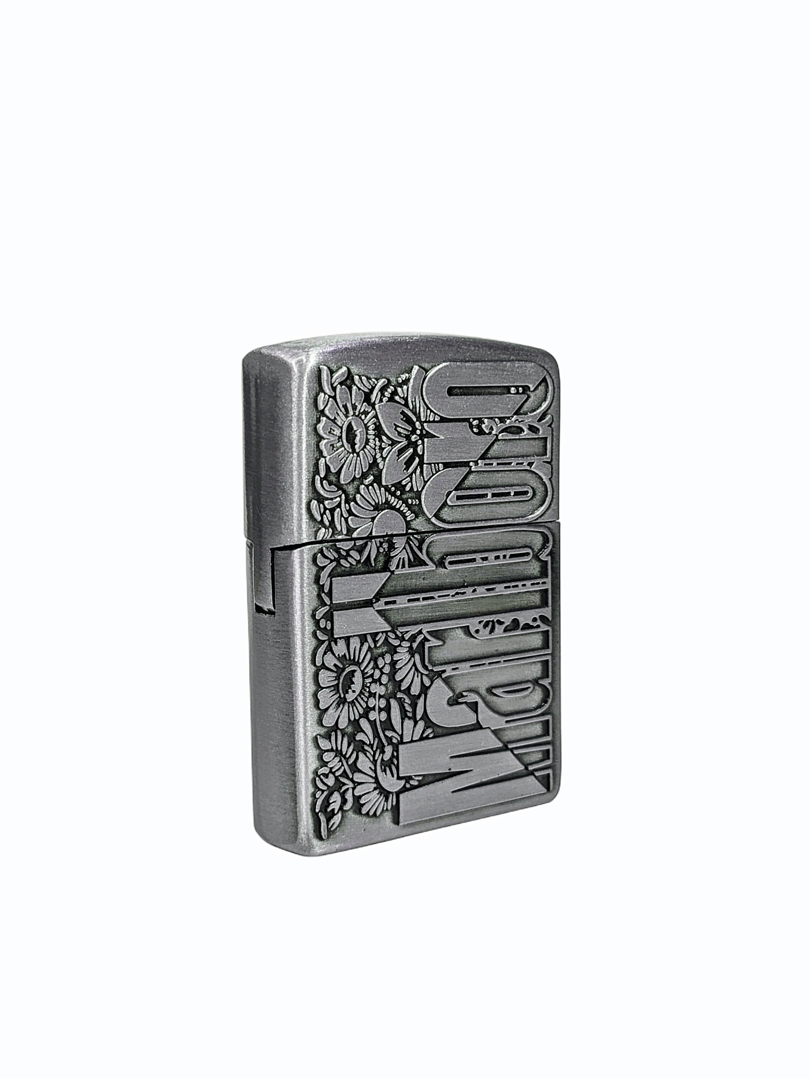 Vintage Marlboro Engraved Brass Lighter with Floral Design (Silver)