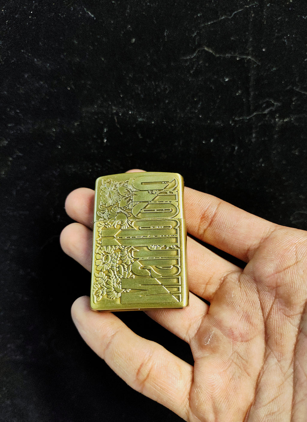 Vintage Marlboro Engraved Brass Lighter with Floral Design (gold)