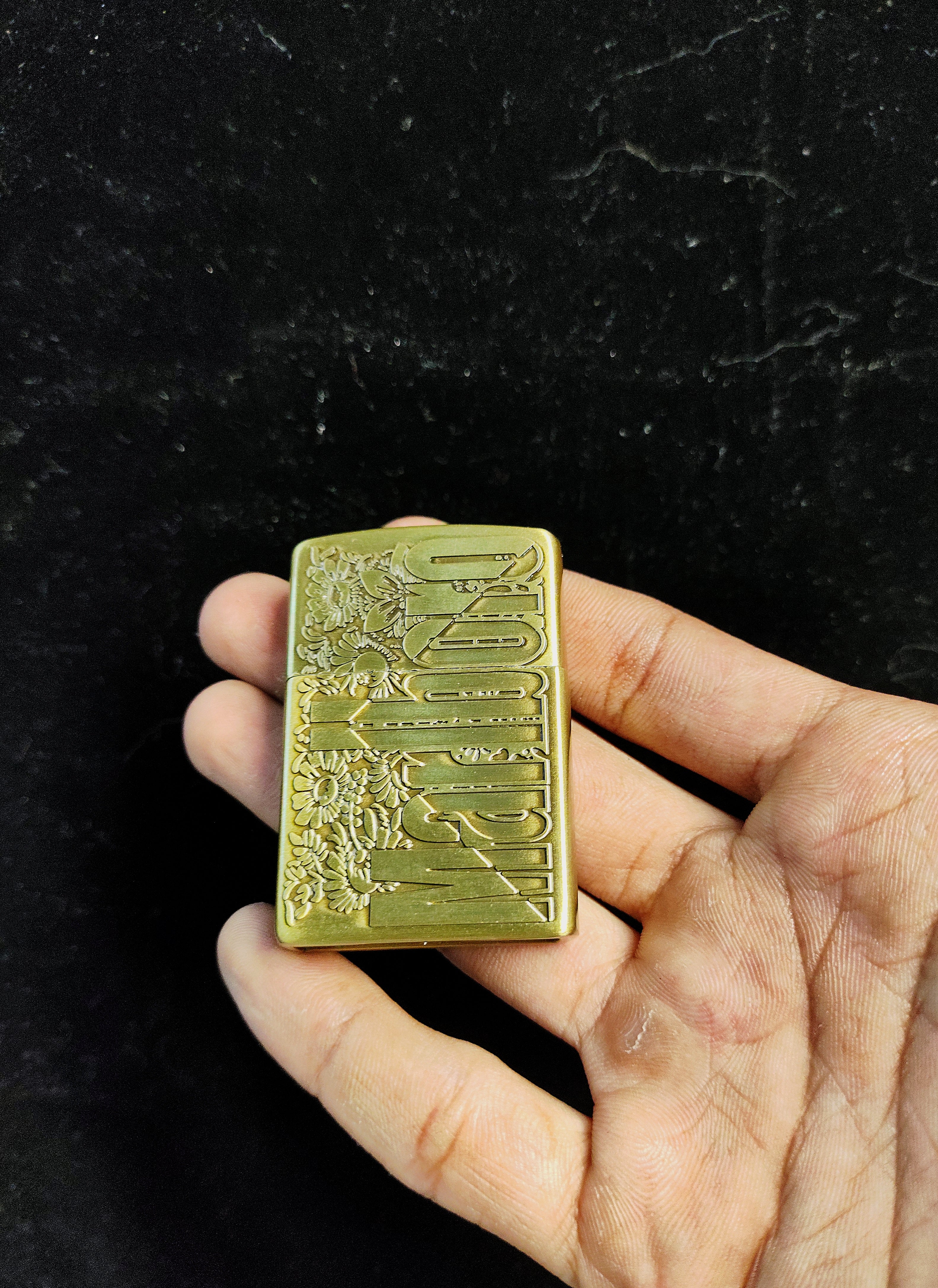 Vintage Marlboro Engraved Brass Lighter with Floral Design (gold)