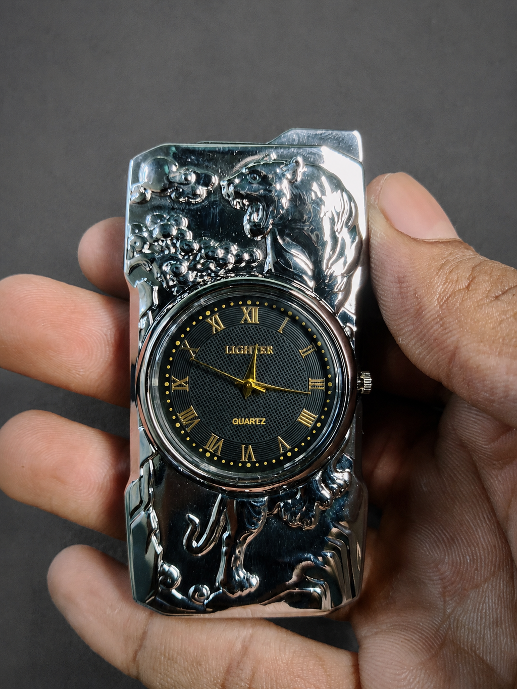 Golden Roaring Tiger | Premium Dual-Function Clock Pocket Lighter (Silver)