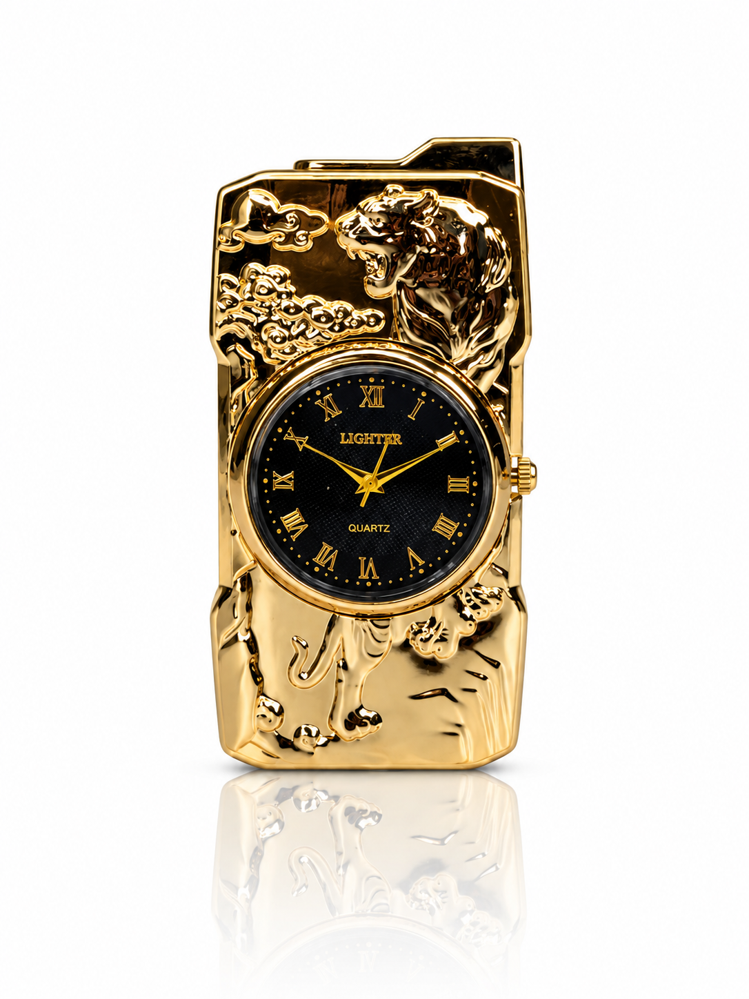 Golden Roaring Tiger | Premium Dual-Function Clock Pocket Lighter (gold)