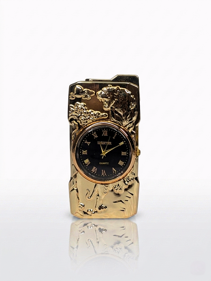 Golden Roaring Tiger | Premium Dual-Function Clock Pocket Lighter (gold)