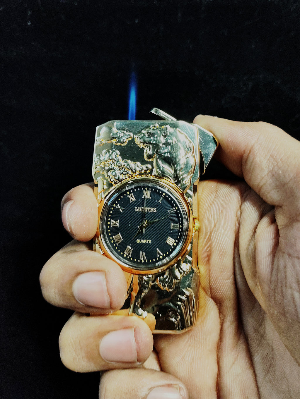 Golden Roaring Tiger | Premium Dual-Function Clock Pocket Lighter (Silver)